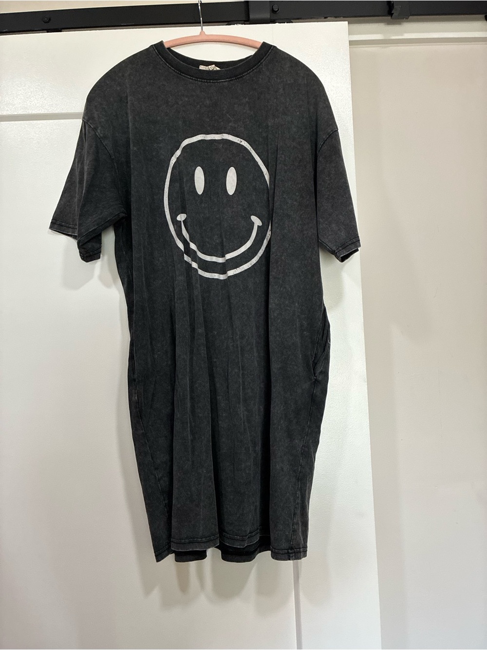 Easel Black Short-Sleeve Tee Dress with White Smiley Graphic